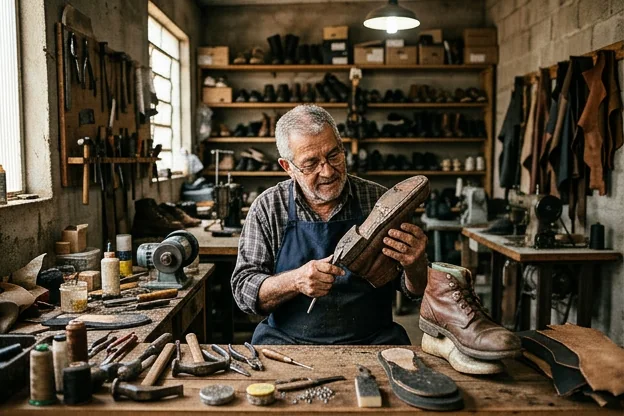 Profissional avaliando um par de sapatos para reforma em Itapecerica da Serra.
