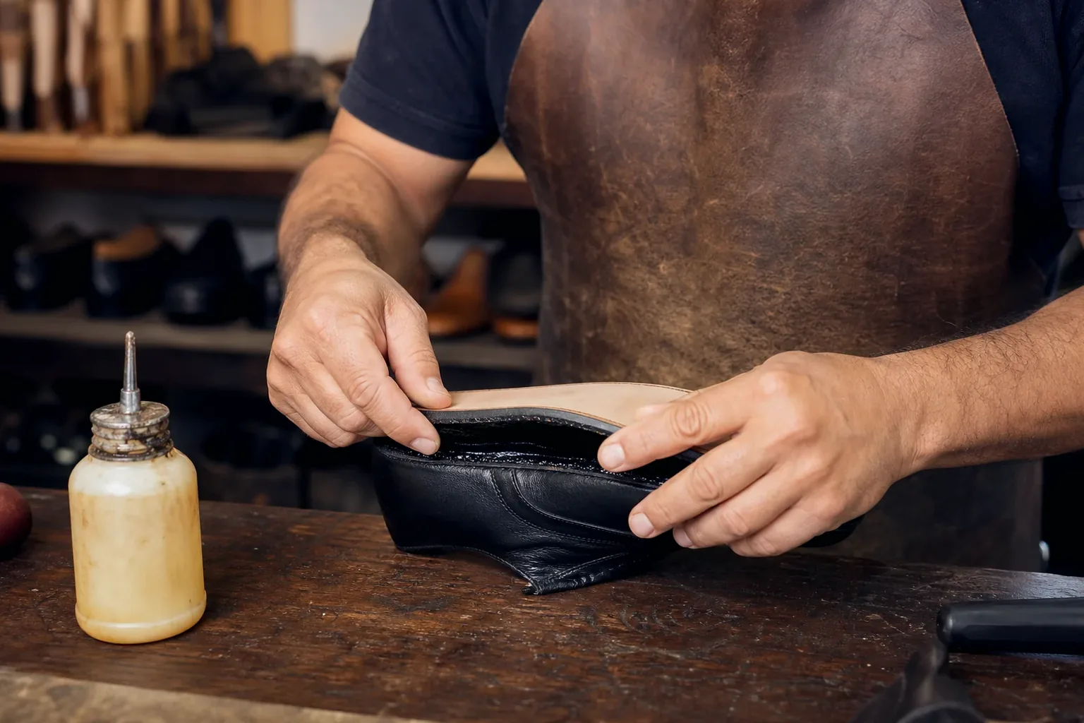 Profissional reformando uma bolsa de couro.